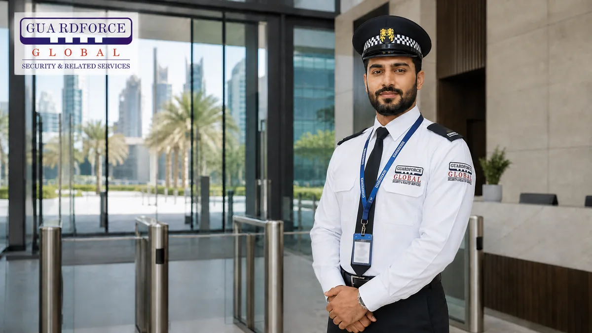 Guardforce security officer at a commercial property entrance in Dubai