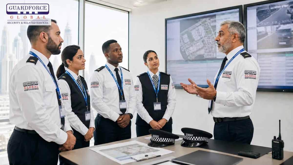Guardforce supervisor briefing security officers before a Dubai assignment